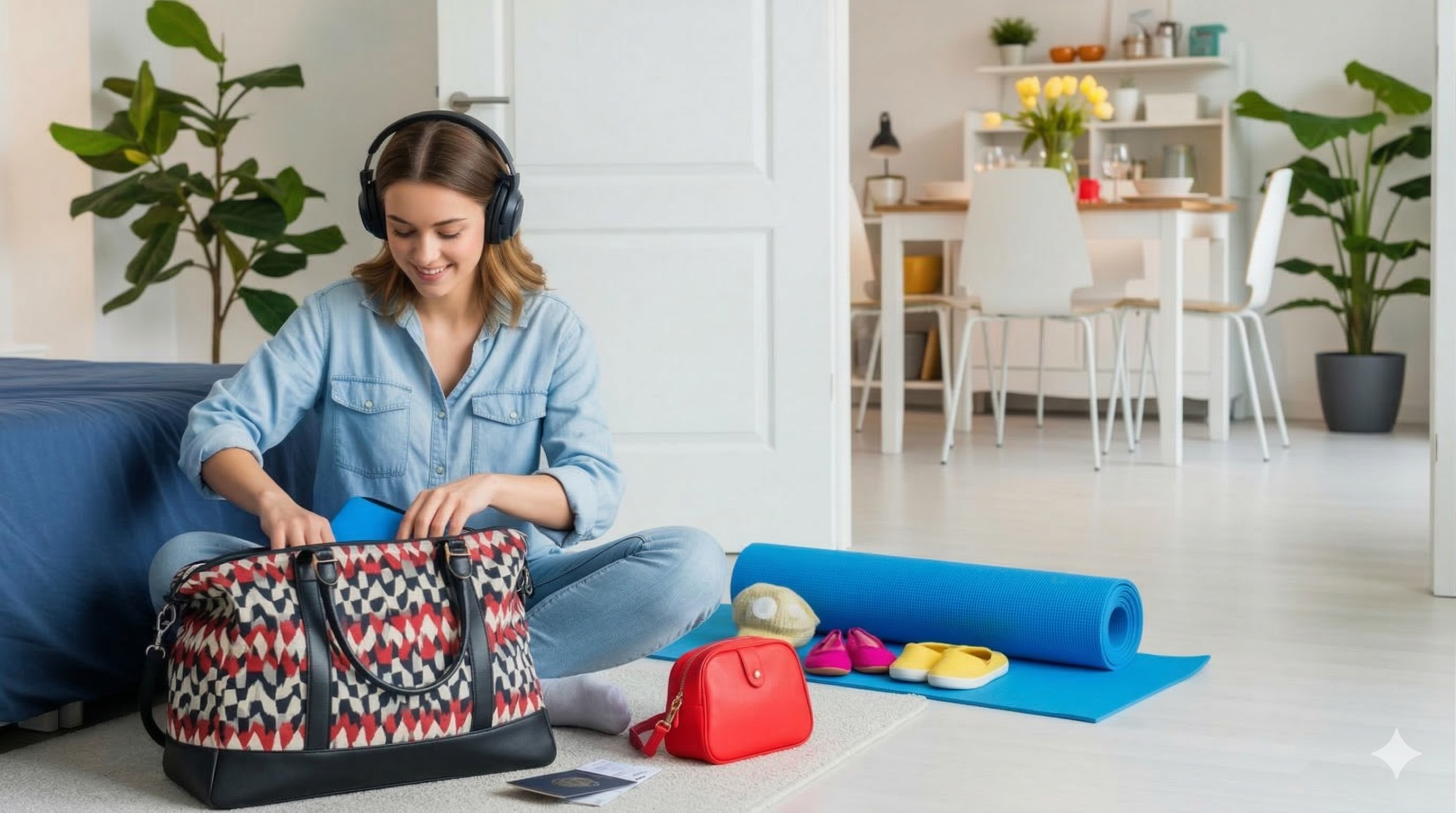 Woman packing a bag surrounded by products — each revealing purchase data categories