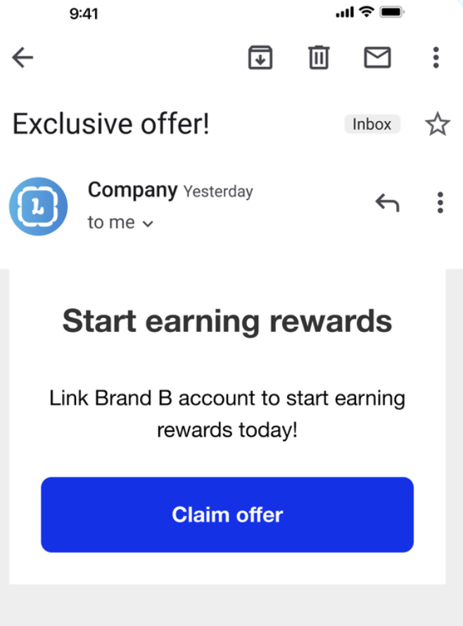 Email offering rewards for linking account